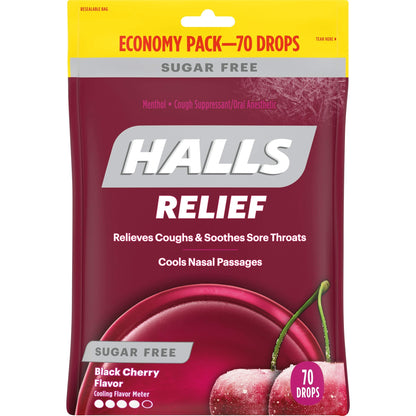 HALLS Relief Sugar Free Black Cherry Flavor Cough Drops, Economy Pack, 1 Bag (70 Total Drops)