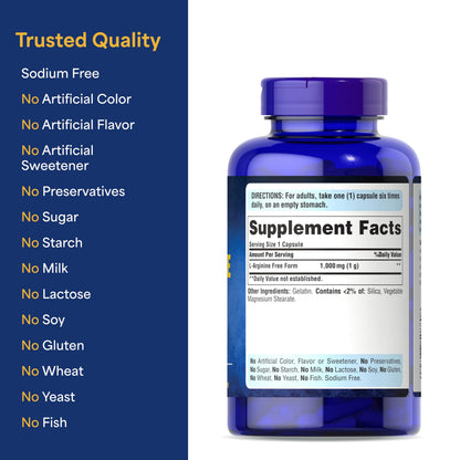 Puritan's Pride L-Arinine 1000mg, Dietary Supplement Supports Nitric Oxide Levels and Heart and Circulatory Heath, 100 Day Supply, 100 Tablets