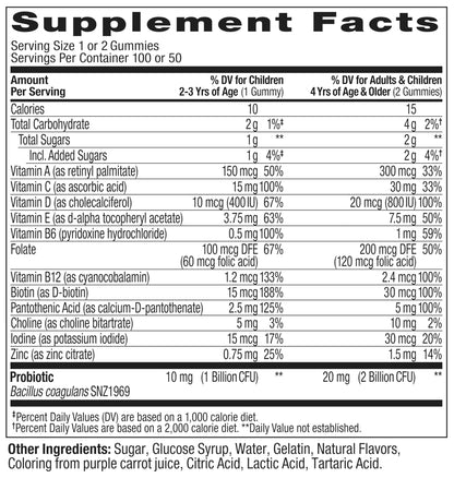 OLLY Kids Multivitamin & Probiotic Gummy, Digestive Support, Vitamins A, D, C, E, B, Zinc, Chewable Supplement, Berry Flavor, 50 day supply - 100 Count