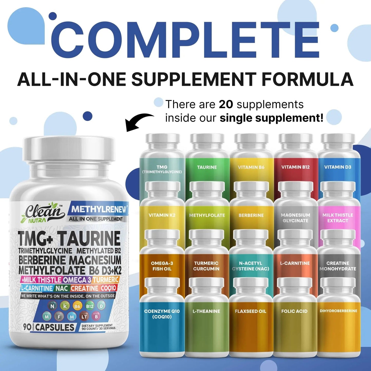 Clean Nutra TMG Supplements 1000mg | Methylated Multivitamin for Women Men | Taurine B6 Vitamins B12 D3 K2 Trimethylglycine Magnesium Clean Nutraceuticals