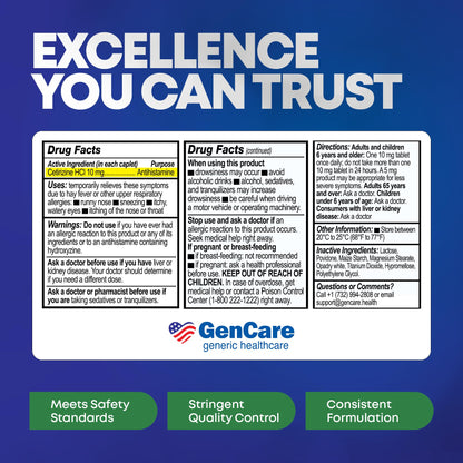 GenCare - Cetirizine HCL 10 mg (200 Caplets) - 24 Hour Allergy Relief Pills - Non Drowsy Generic OTC Allergy Medication - Antihistamine Medicine for Sneezing, Runny Nose & Itchy Eyes - Generic Zyrtec GenCare buy supplements Au