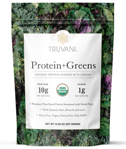 Truvani Protein + Greens Supplement | Spinach, Kale & Broccoli | 10g Organic Plant Based Protein | 20 Servings | USDA Organic | Gluten & Dairy Free