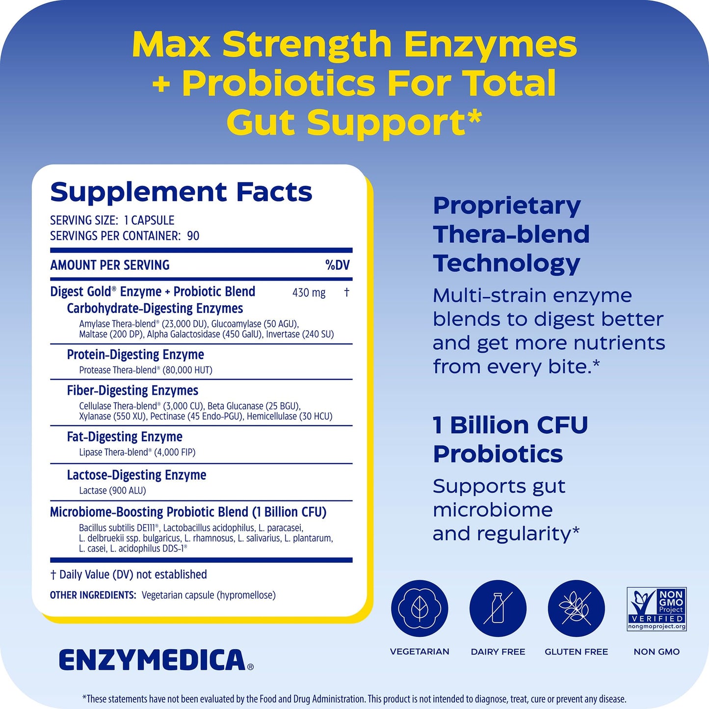 Enzymedica Digest Gold + Probiotics - Digestive Enzyme Supplement for Women & Men, Enzyme and Probiotic Capsules for Digestion, Gut Health Support,