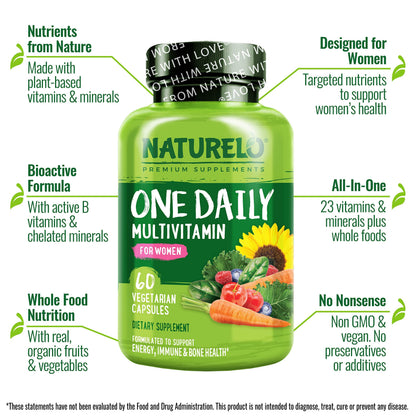 NATURELO One Daily Multivitamin for Women w/Vitamin B12, 60 Ct, Energy Support, Whole Food Daily Women Multivitamin Supplement, Nourish Hair/Skin/Nail, Non-GMO