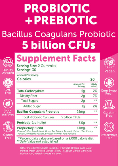 Lunakai USA Made Prebiotic + Probiotic Gummies for Women and Men - High Potency 5 Billion CFUs with Fibers - Non-GMO Gut Health Support - 3 Pack