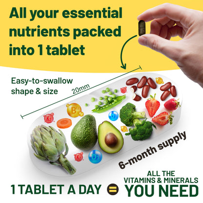 Vegan Vitality Multivitamins & Minerals for Women and Men with High Strength Vitamin B12, D3 & K2. 180 Vegan Multivitamin Tablets - 6 Months Supply