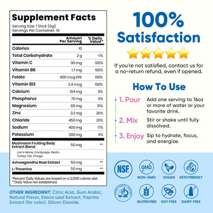 Venture Pal 2-in-1 Hydration Packets + Focus Support Electrolytes Powder, 7 Electrolytes + Vitamins, Magnesium, Lion's Mane & L-Theanine