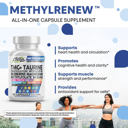 Clean Nutra TMG Supplements 1000mg | Methylated Multivitamin for Women Men | Taurine B6 Vitamins B12 D3 K2 Trimethylglycine Magnesium Clean Nutraceuticals
