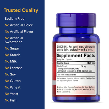 Puritan's Pride Yohimbe Exotic Herb for Men 250 mg (1000mg Equivalent), Dietary Supplement, 50 Rapid Release Capsules