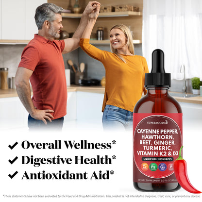 Cayenne Pepper Supplement Liquid Drops + Hawthorn Berry, Vitamin D3 K2 Beet Root Powder, Ceylon Cinnamon, Turmeric Curcumin, Organic Panax Ginseng - 4 OZ Superfood MD buy supplements Au
