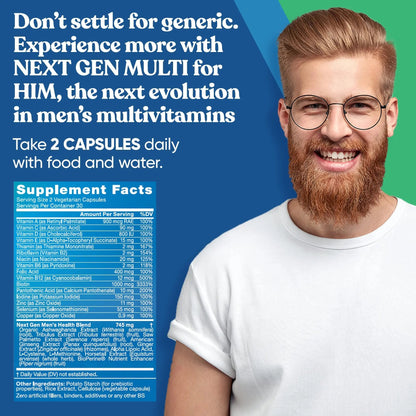Next Gen Multi for Him Advanced Men’s Multivitamin Supplement – 26-in-1 Multiblend for Beard & Hair Growth, Men’s Reproductive Health Eu Natural