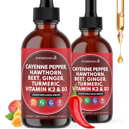 Two bottles of Superfood MD liquid wellness drops with ingredients listed on a white background.