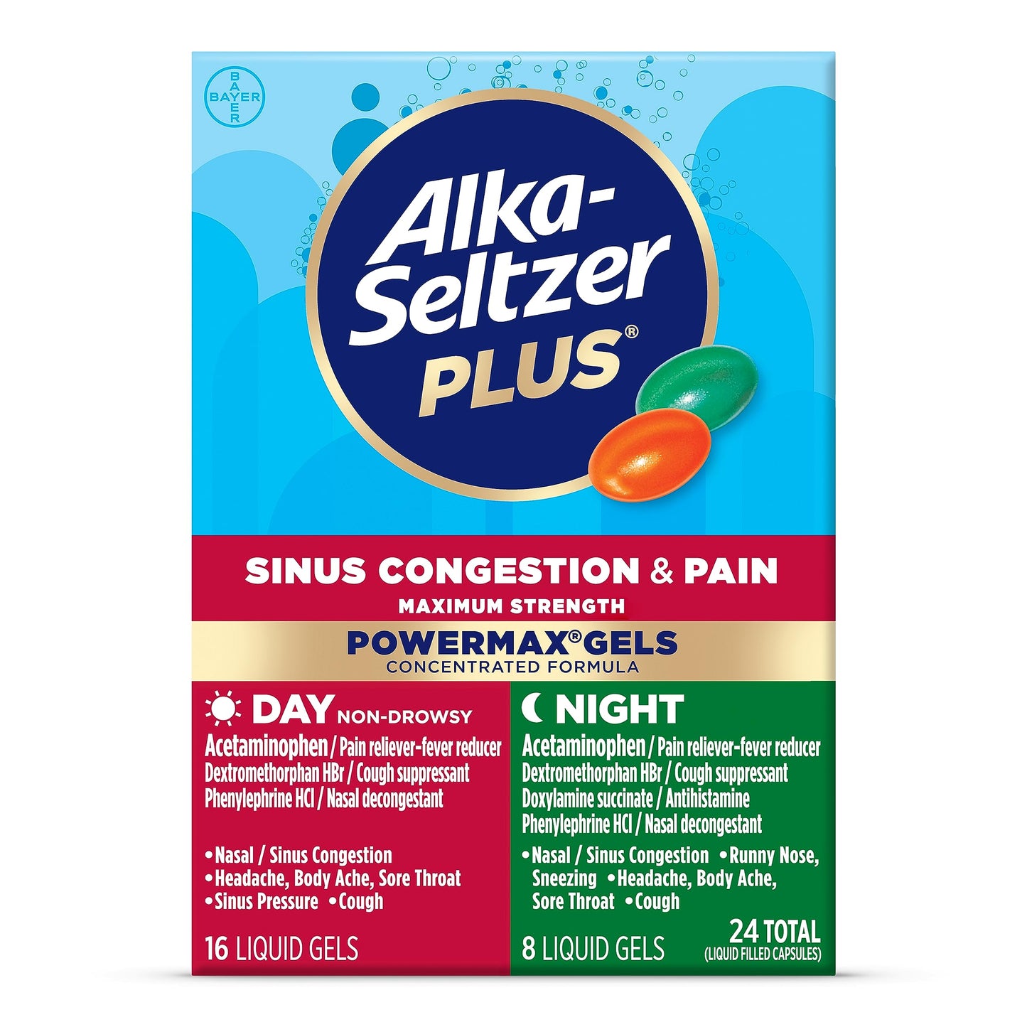 Alka-Seltzer Plus Maximum Strength PowerMax Sinus Congestion & Pain Medicine, Day + Night Liquid Gels - Powerful Relief for Cold and Flu, + Sinus Congestion for Adults and Children 12+ Years, 24 Count