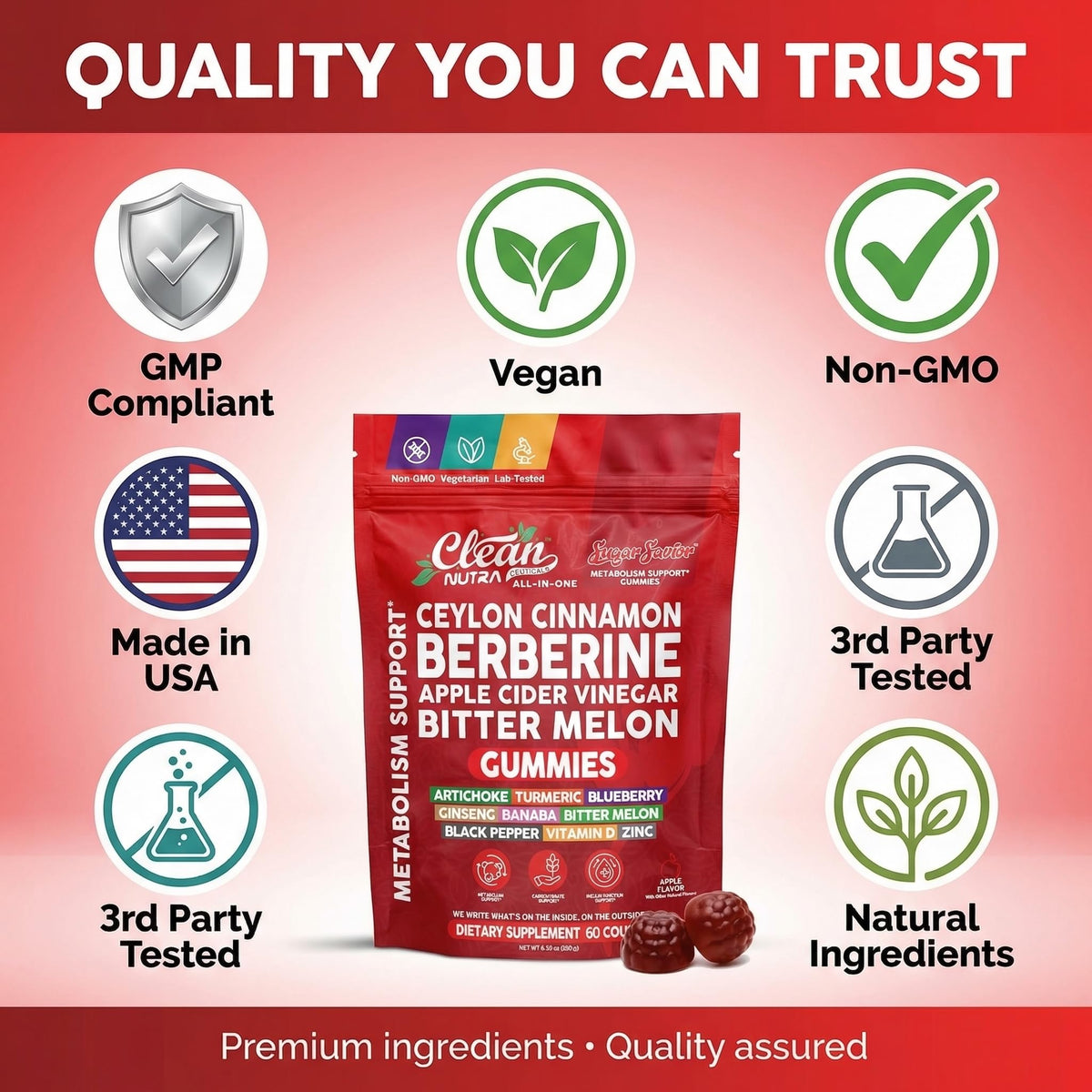 Sugar Savior Ceylon Cinnamon Berberine Gummies Apple Cider Vinegar Artichoke Turmeric Blueberry Ginseng Banaba Bitter Melon Black Pepper Vitamin D Zinc GLP1 Gummies 60 Count by Clean Nutra Clean NutraceuticalsBuy Supplements Australia