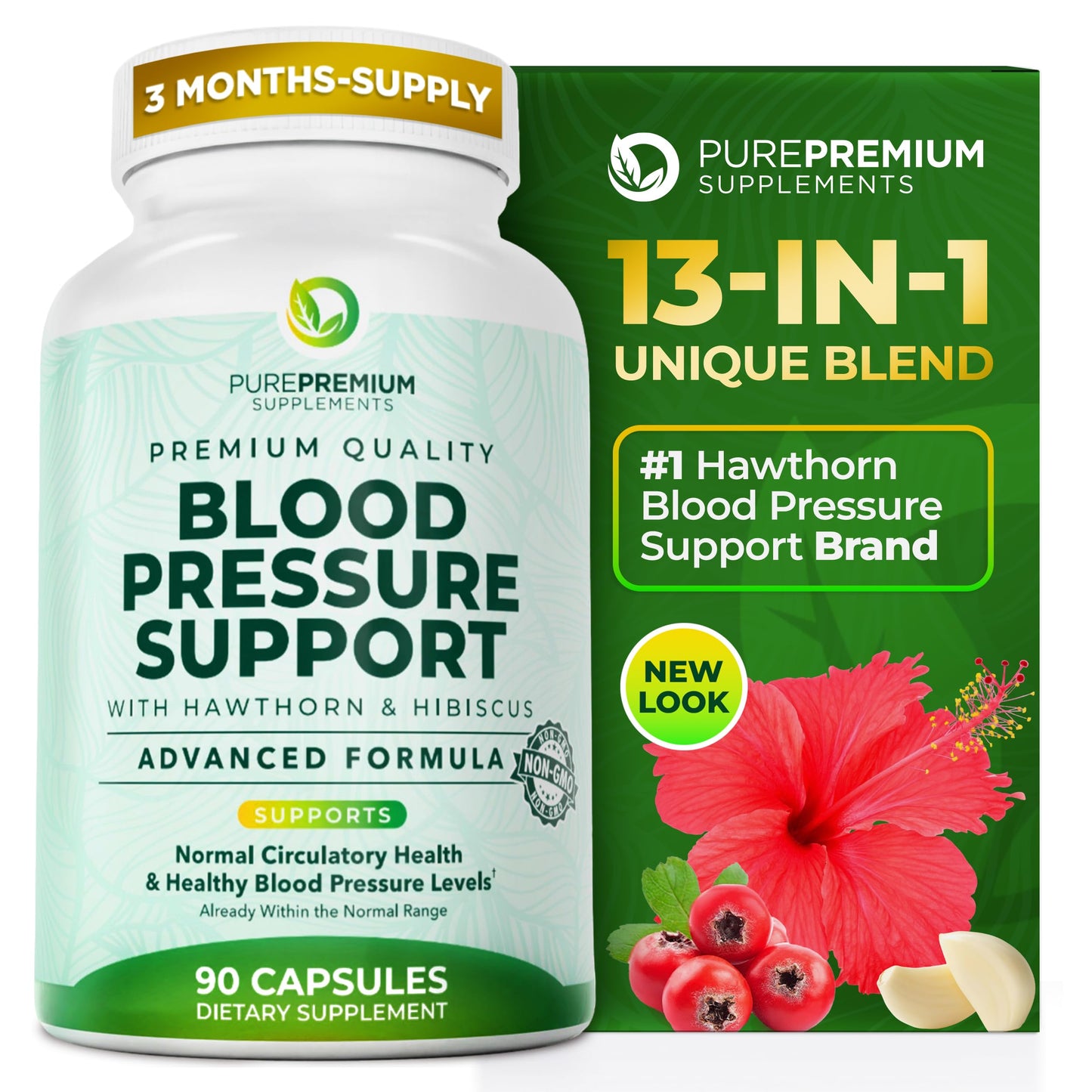 PurePremium Blood Pressure Supplements with Hawthorn Berry, Hibiscus, Garlic & Vitamin B12- Nitric Oxide Supplement for Normal Heart Health