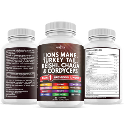 NEW AGE Lions Mane Mushroom Supplement with Turkey Tail Reishi Cordyceps Chaga with Marshmallow Root - 120 Count