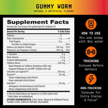 BEYOND RAW LIT V2 Clinical Strength Pre Workout Powder, Hits Harder, Bigger Pumps, Caffeine, L-Citrulline, Creatine, Gummy Worm, 30 Servings