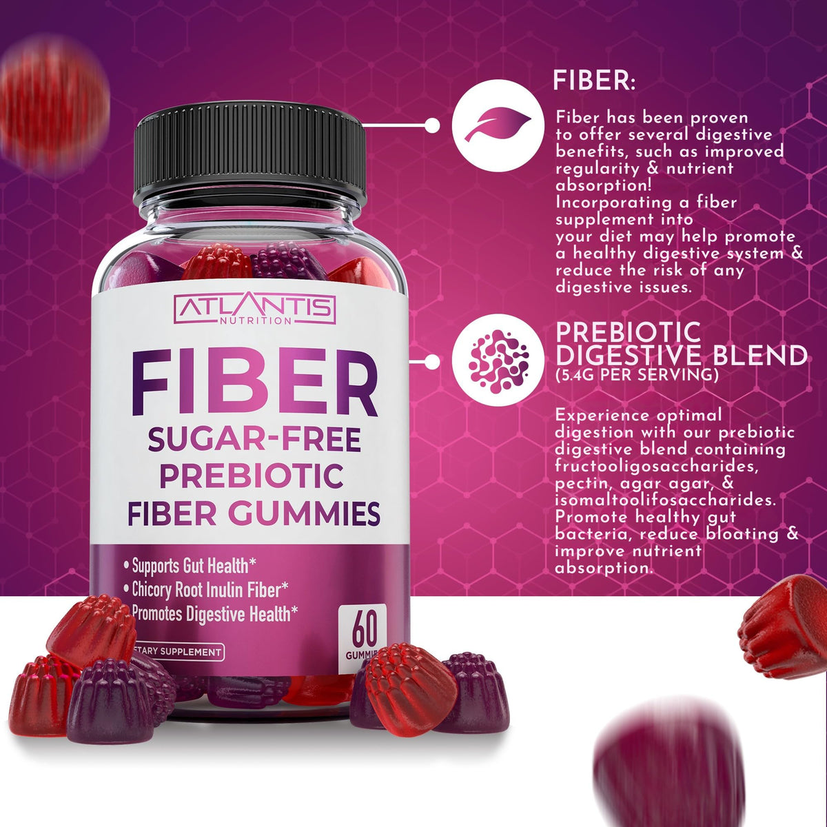 Atlantis Nutrition Sugar Free Fiber Gummies for Adults - 5G Fiber Supplement Formulated with 5.4G Prebiotic Digestive Blend/Serving - Supports Gut Health & Healthy Digestion