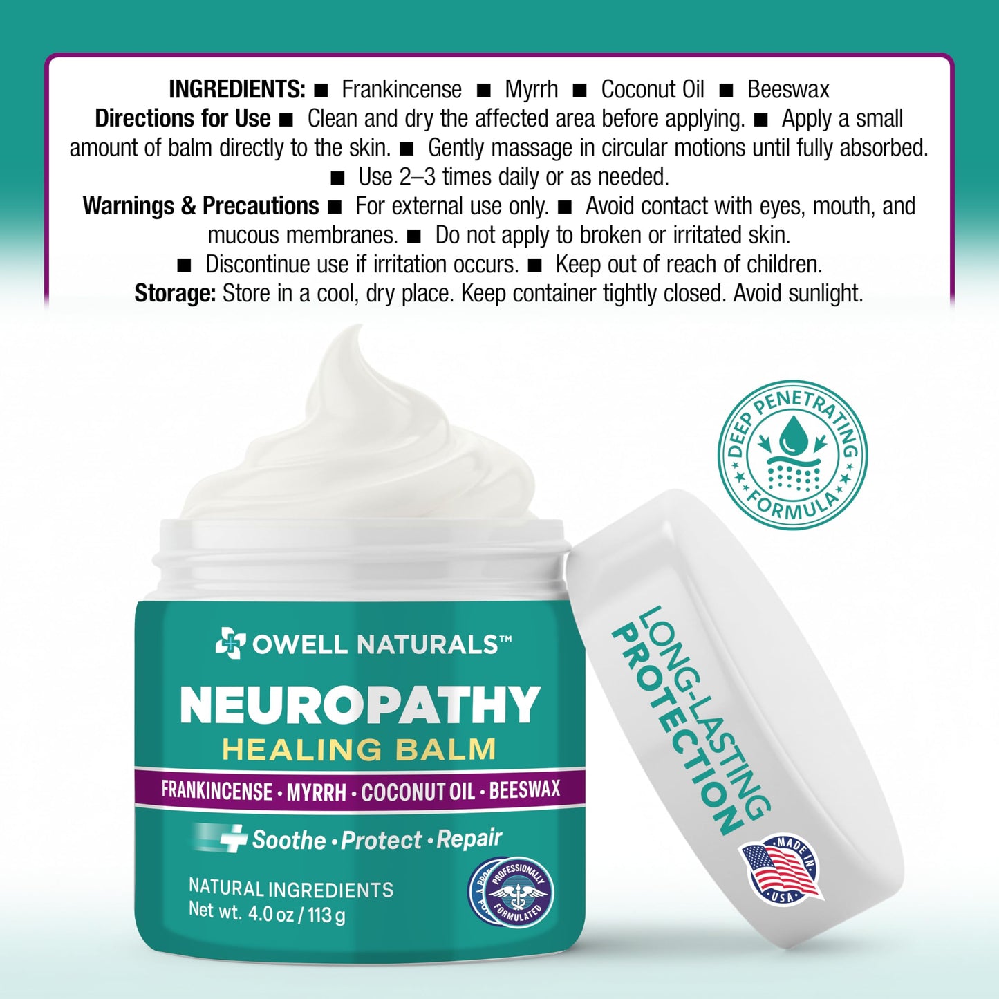 Owell Naturals Neuropathy Balm for Feet, Muscles & Joints – Long Lasting Comfort Formula with Frankincense, Myrrh, Coconut Oil, Beeswax – Fast Absorbing Botanical Skin Care, 2 oz Owell NaturalsBuy Supplements Australia