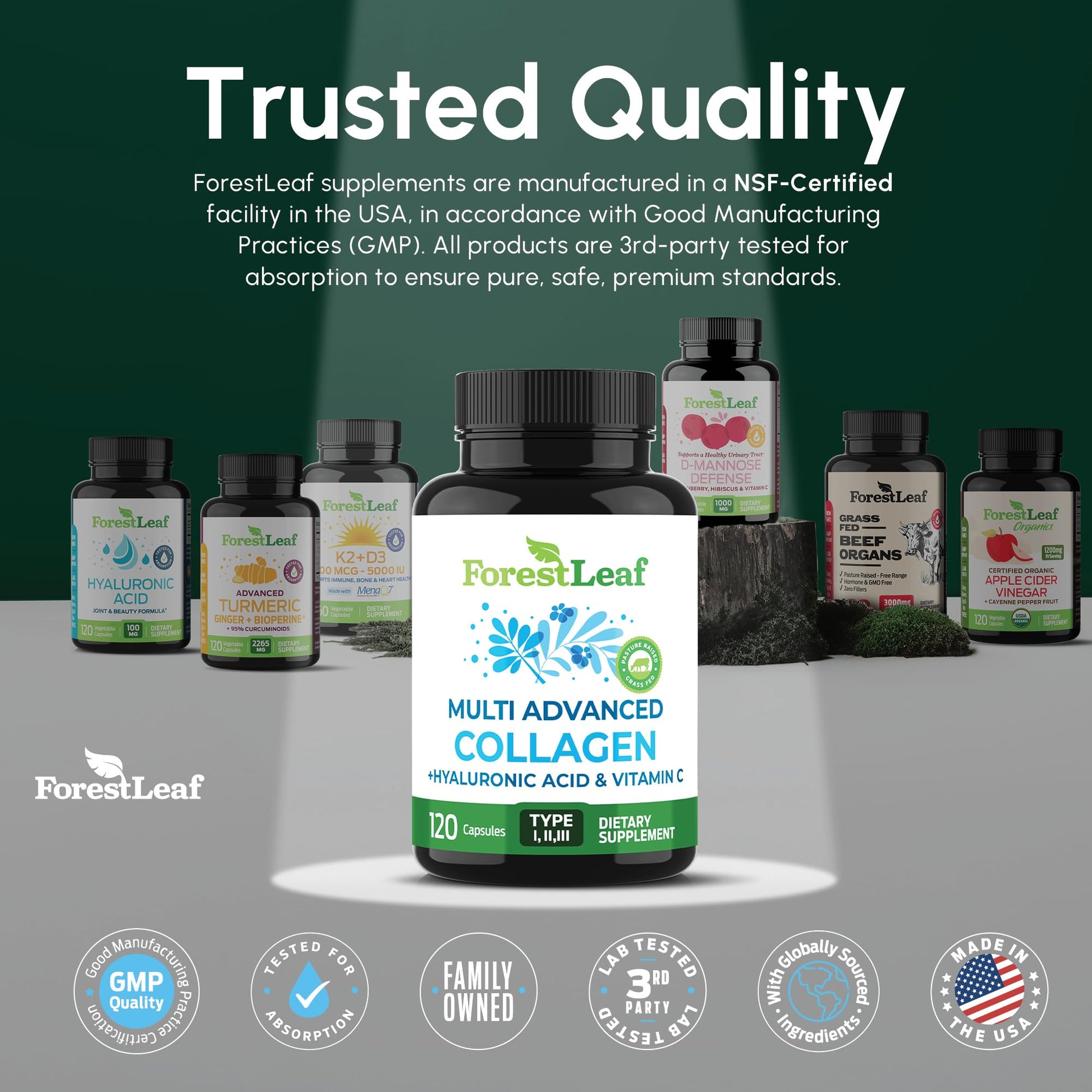 ForestLeaf Multi Collagen Pills with Hyaluronic Acid + Vitamin C | Hydrolyzed Collagen Supplements for Women or Men | Multi Collagen Capsules Peptides for Skin, Wrinkles, 120 Caps ForestLeaf buy supplements Au