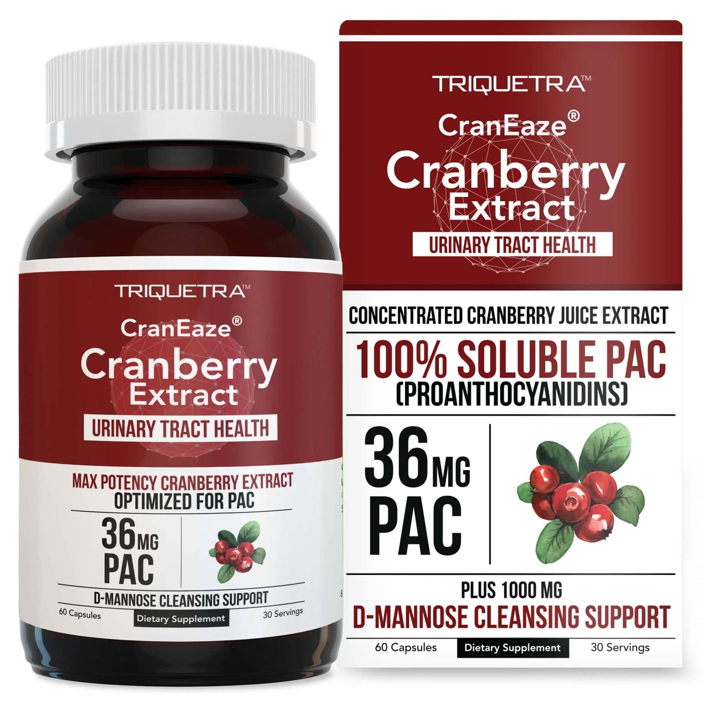 CranEaze®: Cranberry Juice Extract Plus D-Mannose – 36 mg PAC, 100% Soluble PAC - Supports Urinary Tract Health – Most Effective Cranberry Pills for Women, UTI Cranberry Supplement - 60 Capsules Triquetra HealthBuy Supplements Australia