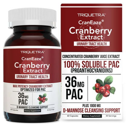 CranEaze®: Cranberry Juice Extract Plus D-Mannose – 36 mg PAC, 100% Soluble PAC - Supports Urinary Tract Health – Most Effective Cranberry Pills for Women, UTI Cranberry Supplement - 60 Capsules Triquetra HealthBuy Supplements Australia