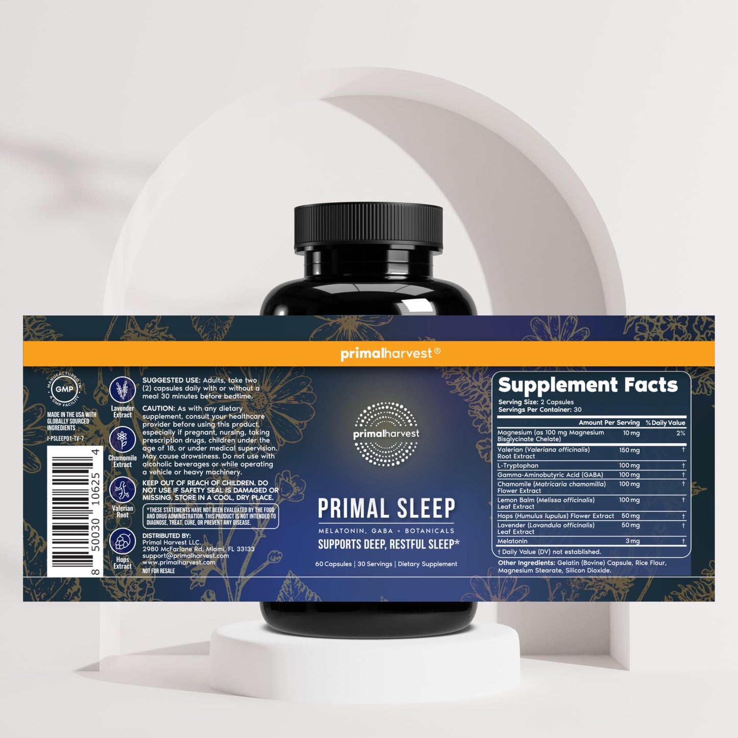 Primal Harvest Primal Sleep Support Supplement for Adults with Melatonin, GABA, Valerian Root, L-Tryptophan, Magnesium Bisglycinate Chelate