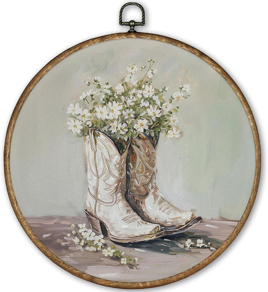 TLESKE Vintage Western Cowgirl Round Wall Art Decor Framed 10x10, Western Teen Girls Canvas