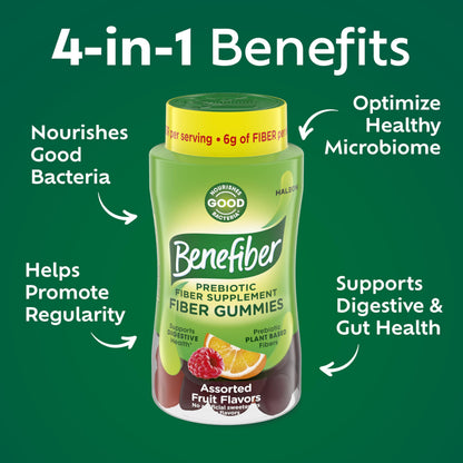 Benefiber Prebiotic GLP-1 Friendly Fiber Supplement Gummies for Digestive Health, Assorted Fruit Flavor - 81 Count