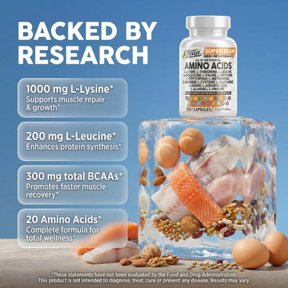 Clean Nutraceuticals Amino Acids Supplement L-Lysine, L-Threonine, L-Leucine, Isoleucine, Valine, L-Histidine, L-Tryptophan, L-Methionine, L-Arginine, L-Cysteine,