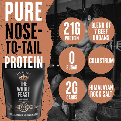 The Fittest Whole Feast Beef Protein Powder - Milk Chocolate - Grass Fed Nose to Tail Carnivore Blend Including Liver, Colostrum and Whole Bone - BCAAs - 14g Collagen, 21g Total Protein