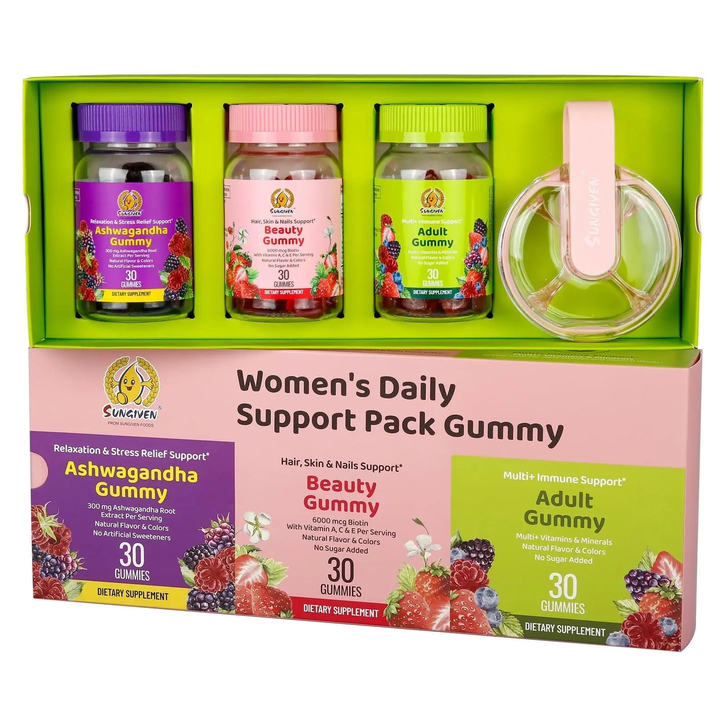 Women's Multivitamin Gummy Pack, 3 Support for Hair Skin Nails Sleep Daily Health, Vitamins A, D, C, E, Biotin, Ashwagandha SUNGIVEN