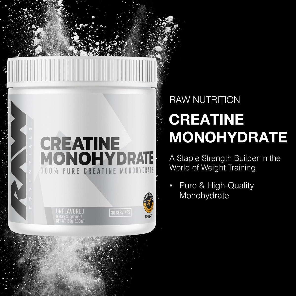 RAW Nutrition Creatine Monohydrate Powder, Unflavored (30 Servings) - Micronized Creatine Monohydrate Supplement for Workout Performance, Build Muscle & Strength