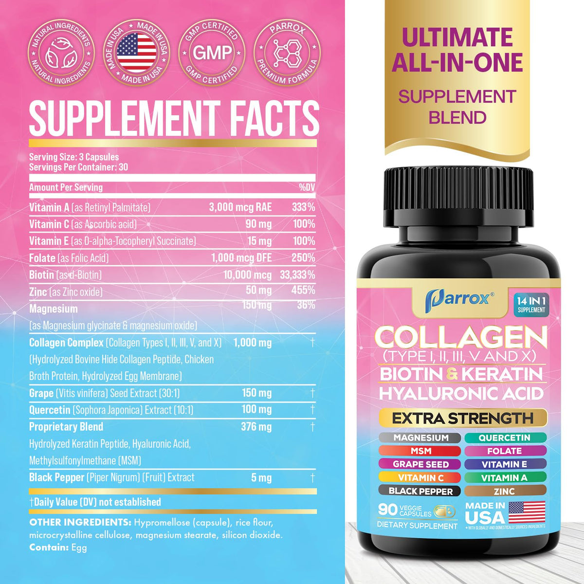 Parrox Collagen Peptides Types I, II, III, V & X, MCG Biotin, Keratin, Hyaluronic Acid, MSM, Zinc, Grape Seed Extract, Quercetin, Vitamin A, Vitamin C, Vitamin E, Magnesium, Folic Acid (90 Capsules) ParroxBuy Supplements Australia
