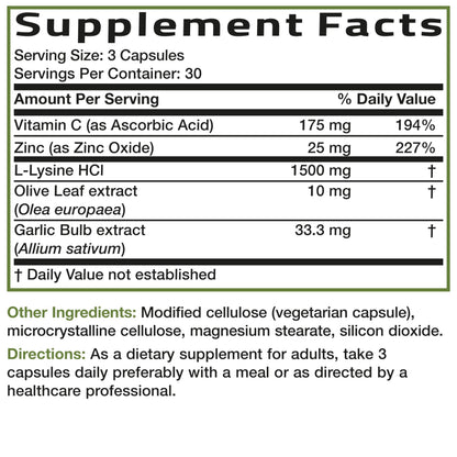 Bronson L-Lysine Defense Immune Support Complex 1500 MG L-Lysine Plus Olive Leaf, Garlic, Vitamin C and Zinc