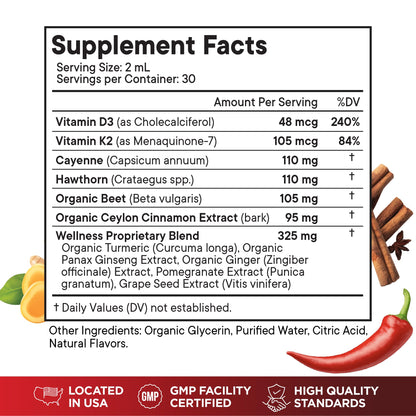 Cayenne Pepper Supplement Liquid Drops + Hawthorn Berry, Vitamin D3 K2 Beet Root Powder, Ceylon Cinnamon, Turmeric Curcumin, Organic Panax Ginseng - 4 OZ Superfood MD buy supplements Au