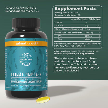 Primal Harvest Omega 3 Fish Oil Supplements, 30 Servings Soft Gels Capsules w/ 1000mg EPA + DHA Supplements, No Fishy Burps Non-GMO Omega 3 Fatty Acid Primal HarvestBuy Supplements Australia