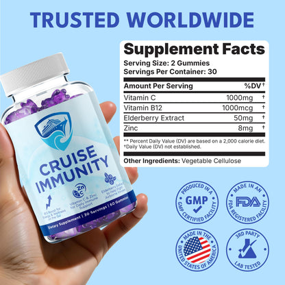 CRUISE IMMUNITY Immune Support Gummies for Cruisers with Vitamin C, B12, Zinc, Elderberry Extract, 60 Gummies, 30 Servings