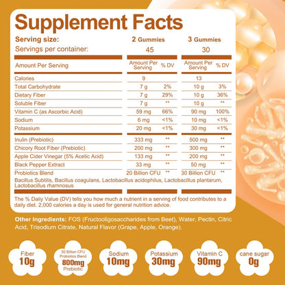 Migcopat 10G Fiber Gummies with Probiotics, Fiber Supplement with 30 Billion CFU Probiotics Blend, ACV, Vitamin C, Inulin - Support Digestive Health
