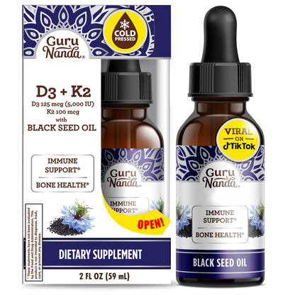 GuruNanda Black Seed Oil, Cold-Pressed Nigella Sativa - Rich in Vitamin D3 5000 Units, K2 & E, High Thymoquinone | Potent Antioxidant