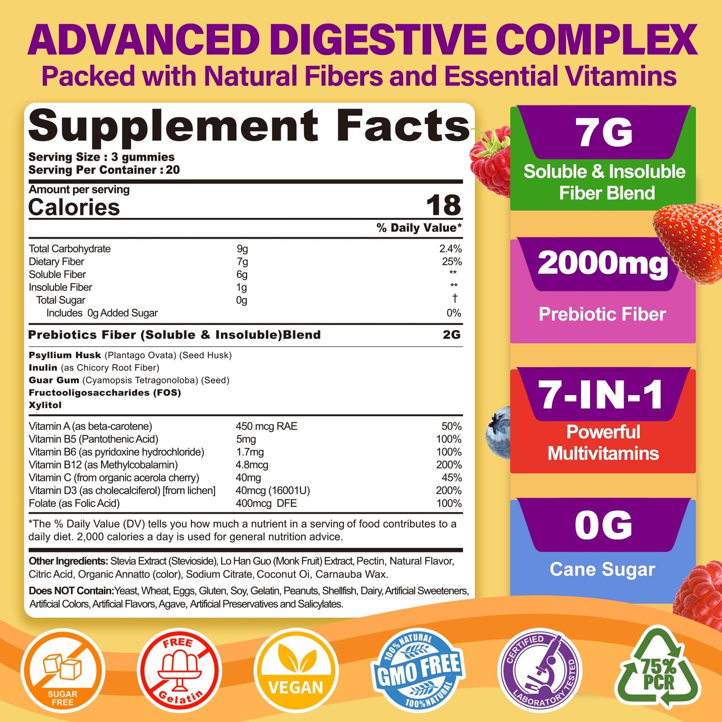 Fiber Gummies for Adults with Psyllium Husk, 7G(Soluble + Insoluble) Daily Prebiotic Fiber with Inulin, FOS, Guar Gum, Multivitamins for Daily Digestive Health,