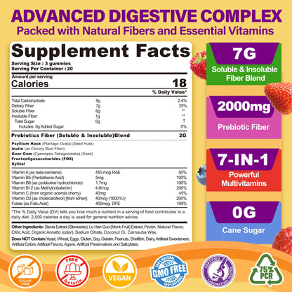 Fiber Gummies for Adults with Psyllium Husk, 7G(Soluble + Insoluble) Daily Prebiotic Fiber with Inulin, FOS, Guar Gum, Multivitamins for Daily Digestive Health,