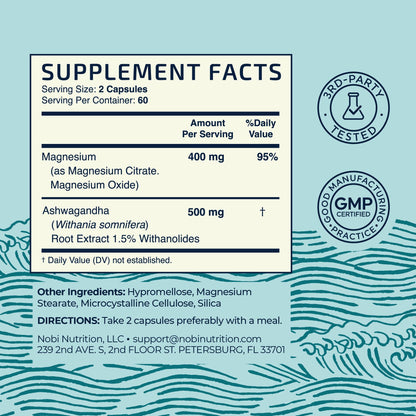 Magnesium Ashwagandha | Calming Magnesium Supplement for Adults | Relax, Rest, Calm Mood & Sleep Support | Mag Citrate & Oxide 400 mg + Ashwagandha 500 mg | Muscle Health & Stress Relief | 120 Ct Nobi NutritionBuy Supplements Australia