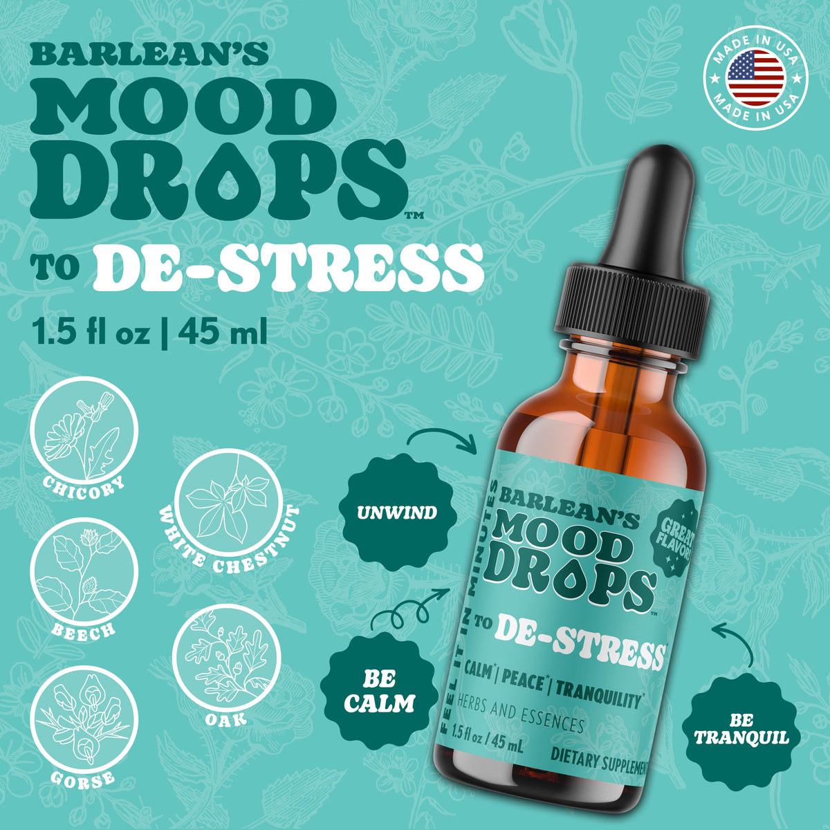 Barlean's Mood Booster Supplement, De-Stress Liquid Drop Supplements for Men and Women, Ashwagandha and L Theanine Extract, Adaptogen Herbs Drops, 1.5 oz
