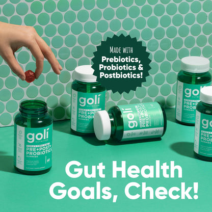Goli Pre Pro Postbiotic Gummies - Worlds First 3-in-1 Formula with DE111 Probiotics, XOS Prebiotics, MCC1849 Postbiotics - Vegan, Non-GMO,