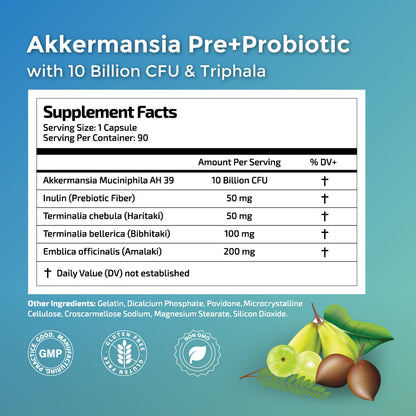 Herbal Wisdom Akkermansia Probiotic 10 Billion CFU - Advanced Support, Probiotic+Prebiotic | for Gut & Metabolism Support - No Bloating | with Inulin & Triphala