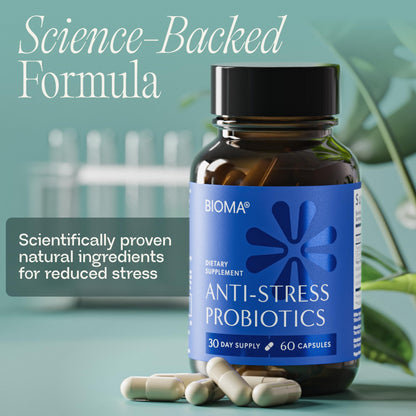 BIOMA Anti-Stress Probiotics – 3-in-1 Gut-Brain Axis Support for Stress Relief & Mood – Prebiotics, Postbiotics & Clinically Studied Strains – Vagus Nerve