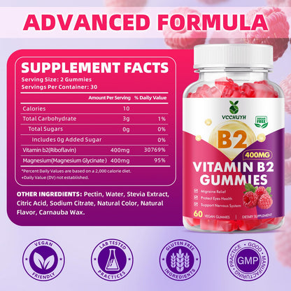 VCCHUYH Vitamin B2 Gummies for Kids & Adults, VIT B2 Riboflavin 400mg Supplement with Magnesium for Migraine Relief & Nervous System Support, Non-GMO,