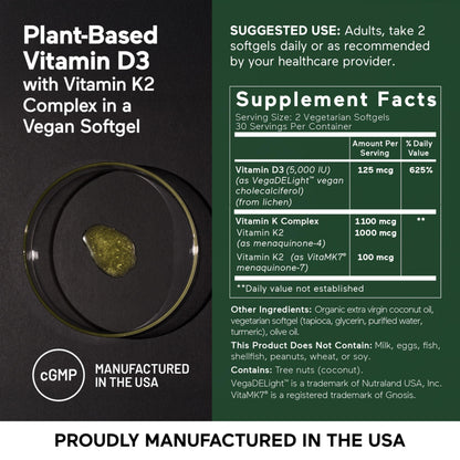 SMARTERNUTRITION Vegan Vitamin D3 5000 IU + Natural Vitamin K2 1100 mcg in Organic Coconut & Olive Oil - D3 K2 Supplement for Immune & Bone Support - 60 Softgels[30 Day Supply] SMARTERNUTRITIONBuy Supplements Australia