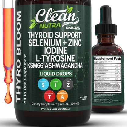 ThyroBloom Thyroid Support for Women Liquid Drops Iodine L-Tyrosine Selenium Copper Ashwagandha Zinc Kelp Bladderwrack Schisandra Guggul Turmeric Vitamin A D3 B12